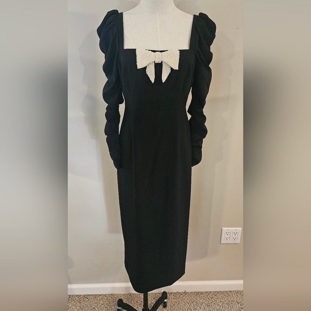 NWT‎ Antonio Melani Elena Crepe Square Neck Pearl Bow Midi Dress: Black W/pearls